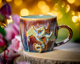 1171 - 400 ml - Cappuccino Keramiktasse DRACHE in braun, blau, creme und türkis