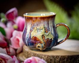 1199 - 400 ml - Keramiktasse bauchig DRACHE in braun, blau, creme und türkis