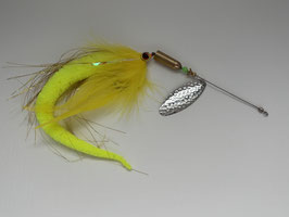 Cuiller Mouche Brochet  17 grs tails jaune tige inox longue rolling