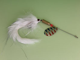 Cuiller Mouche Brochet  17 grs blanc queue de lapin  tige inox longue rolling