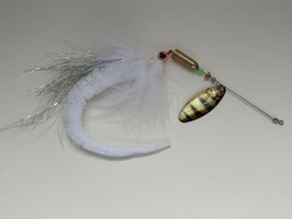 Cuiller Mouche Brochet  17 grs tails blanc   tige inox longue rolling
