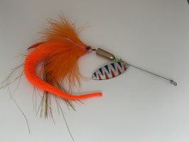 Cuiller Mouche Brochet  17 grs tails orange tige inox longue rolling