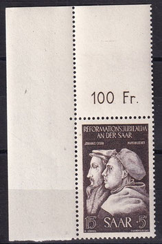 SAAR 308 postfrisch mit Eckrand links oben