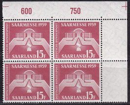 SAAR 447 postfrisch Viererblock mit Eckrand rechts oben