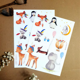 Stickerbogen Aquarell - Animals, A6 - Format, 9 Motive