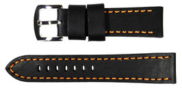 STRONG 22mm Fliegerarmband, Kalbsleder, schwarz, orange gesteppt, polierte Dornschließe, Italien