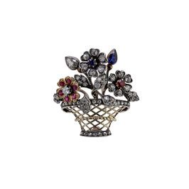 Diamant Rubin Saphir Blumenkorb Brosche antik