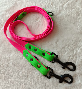 3-fach verstellbare Leine aus wasserabweisendem Hexa Gurtband, zweifarbig, Neon Pink/Neongrün