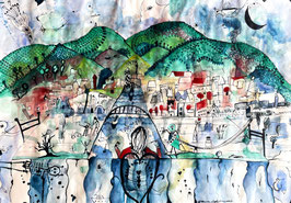 Am Malfluss, 70 x 100 cm, Aquarell/Tusche Gemälde auf Aquarell Papier (ohne Rahmen)
