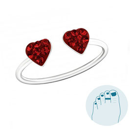 Silver Toe Ring Red Hearts