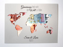 Geldgeschenk zur Hochzeit Weltkarte mit Namen Farbwahl Wunschgröße - Gemeinsam liegt euch die Welt zu Füßen