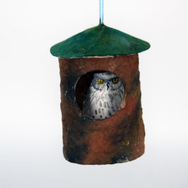 Vogelhaus (8) mit einem Vogel (beidseitig bemalt, Akrylmalerei auf Karton), rundes Vogelhaus aus handgefertigtem Buntpapier