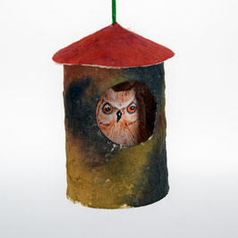 Vogelhaus (6) mit einem Vogel (beidseitig bemalt, Akrylmalerei auf Karton), rundes Vogelhaus aus handgefertigtem Buntpapier