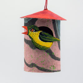 Vogelhaus (1) mit einem Vogel (beidseitig bemalt, Akrylmalerei auf Karton), rundes Vogelhaus aus handgefertigtem Buntpapier
