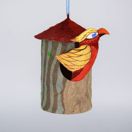 Vogelhaus (9) mit einem Vogel (beidseitig bemalt, Akrylmalerei auf Karton), rundes Vogelhaus aus handgefertigtem Buntpapier