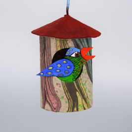 Vogelhaus (14) mit einem Vogel (beidseitig bemalt, Akrylmalerei auf Karton), rundes Vogelhaus aus handgefertigtem Buntpapier