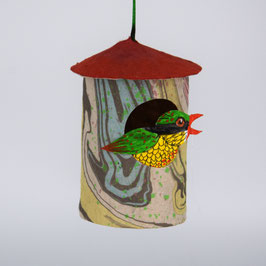 Vogelhaus (10) mit einem Vogel (beidseitig bemalt, Akrylmalerei auf Karton), rundes Vogelhaus aus handgefertigtem Buntpapier
