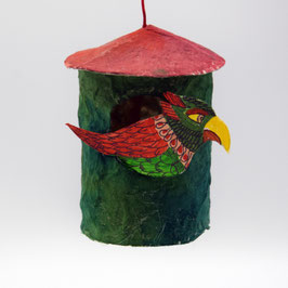 Vogelhaus (5) mit einem Vogel (beidseitig bemalt, Akrylmalerei auf Karton), rundes Vogelhaus aus handgefertigtem Buntpapier