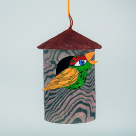 Vogelhaus (19) mit einem Vogel (beidseitig bemalt, Akrylmalerei auf Karton), rundes Vogelhaus aus handgefertigtem Buntpapier