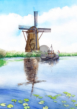 オランダ　キンデルダイク　風車の風景　水彩画品名