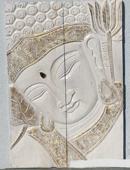 Pannello Buddha in legno color bianco decapato e oro