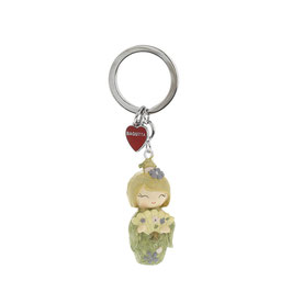 Portachiavi Kokeshi giapponesina con ventaglio verde