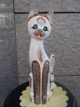 Gatto in legno dipinto bianco con occhi azzurri altezza 40 cm