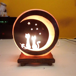 Lampada di sale rosa dell'Himalaya coppia gatti con pannello in legno