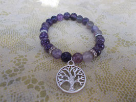 Bracciale elasticizzato in fluorite e ametista con ciondolo albero della vita