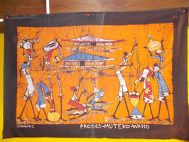 Batik africano color arancio scene villaggio