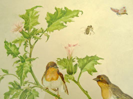 Vogelaquarell mit Blüten