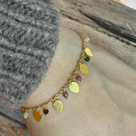 ARMKETTE mit Blätter-Plättchen und Turmalin gemischt 18-Karat vergoldet