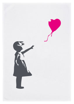 Geschirrtuch weiß "Streetart Dreamer-girl with ballon", pink/ grau