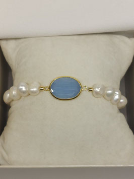 Pulseira pérolas rio com zircónia azul em prata dourada - JPS