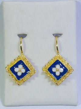 Brincos prata dourada losango com flor de esmalte azul 22.12 - JPS