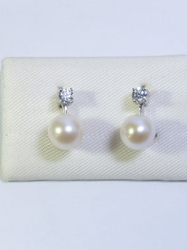 Brincos ouro branco com pérola e zircónia