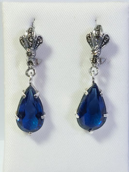 Brincos prata, marcassitas flor lis e zircónia azul gota - II
