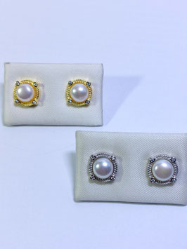 Brincos prata e prata dourada com pérola e aro com 4 zircónias - AUR