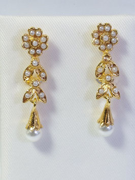 Brincos prata dourada folhas e pérolas - RB