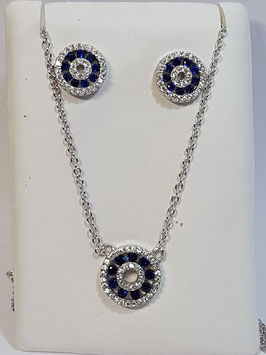 Fio e brincos em prata com roda de zircónias brancas e azul safira - AU