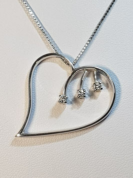 Fio ouro branco com pendente coração com 3 diamantes - JM/FI00906