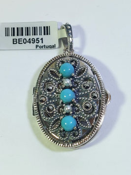 Medalha de abrir oval com marcassitas e turquesas - PC