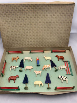 Erzgebirge Bauernhof Tiere Holz 1920-30er Original Karton OVP @5209@