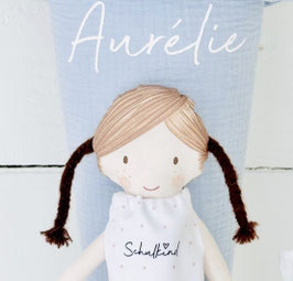 NANA aus MUSSELIN mit PUPPE + NAME, HELLBLAU