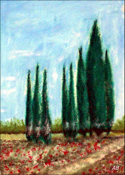 2018#38_Landschaft mit Zypressen, Ölgemälde, Landschaftsbild, Bäume, Wald, Zypressen,Felder,Wiese, Blumen, Feldweg, Ölmalerei, Ölbild