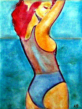 2018#26_Beach Girl, Pastellbild, Meer, Wolken, Strand, Frau, Feminin, Landschaftsbild, Pastellgemälde, Pastel Painting