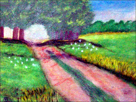 2018#21_Feldweg im Sommer, Acrylgemälde, Bäume, Blumen, Wiese, Feld, Feldweg, Landschaftsbild, Gras, Acrylmalerei, Acrylbild