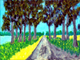 2018#32_Allee, Bäume, Mischtechnikgemälde, Felder, Wiese, Blumen, Feldweg, Wald, Mischtechnikmalerei, Landschaftsbild, Mischtechnikbild, Landscape Painting