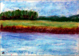 2018#24_Am Fluss, Pastellgemälde, Wald, Bäume, Büsche, Feld, Fluss, Gras, Wiese, Landschaftsbild, Pastellmalerei