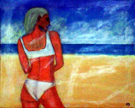 2019#08_Young Girl on Beach, Acrylmalerei, Strandszene, Frau, Meer, Strand, Sommer, Meerlandschaft, Acrylgemälde, Landschaftsbild